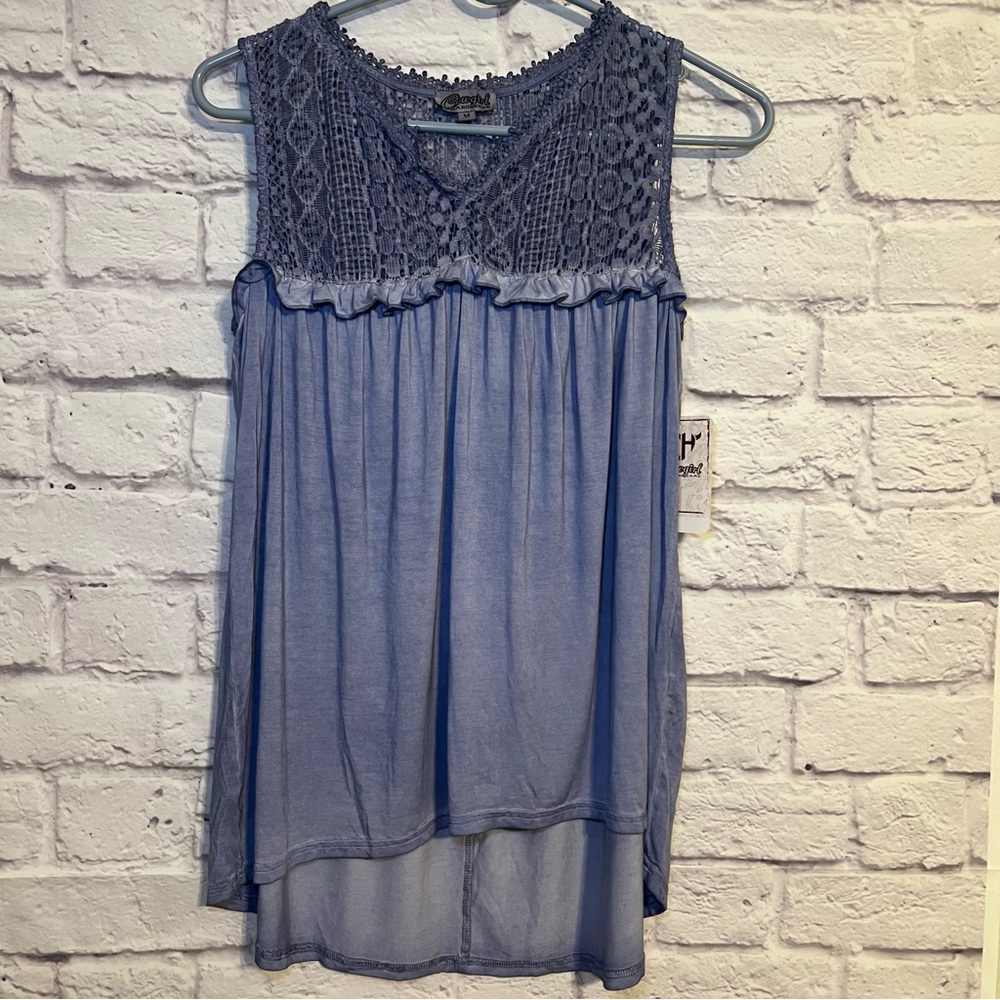 Cowgirl Hardware lace ruffle trim tank blue size M lace accents